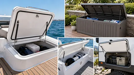 Marine and outdoor gas springs applications for hatches lids and weather exposed storage